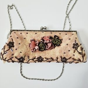 Luvshoes Rose Floral Beaded Clutch Purse Evening Bag Shoulder Strap